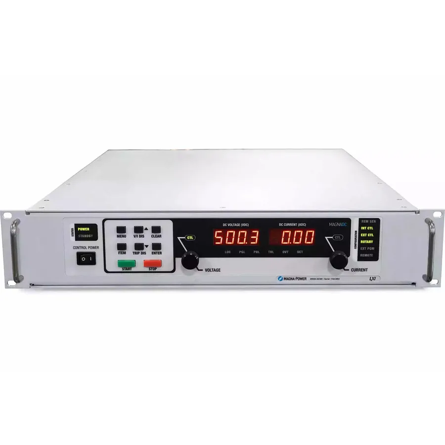 Alimentation DC programmable Magna Power XR2000-5/480+LXI : 2000V, 5A, 10kW, boîtier 2U avec Ethernet LXI et API SCPI pour contrôle basé sur le réseau.