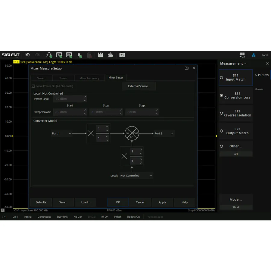 Logiciel de mesure du mélangeur scalaire Siglent SNA6000-SMM